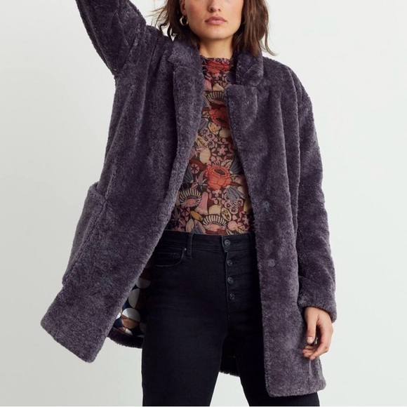 Anthropologie Lisanne Faux Fur Coat Purple Gray Teddy Fluffy Plush Overcoat XS